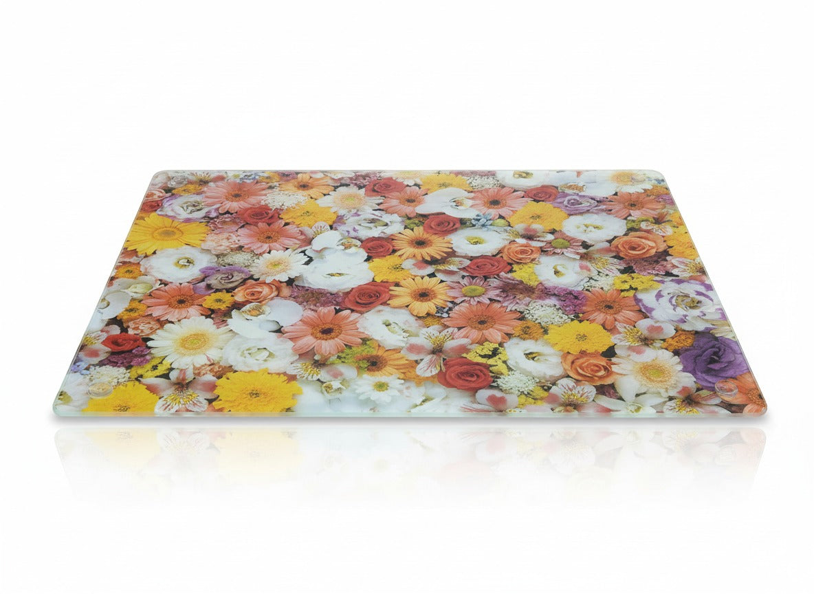 Tempered Glass Cutting Board for Kitchen, Colorful Floral Design