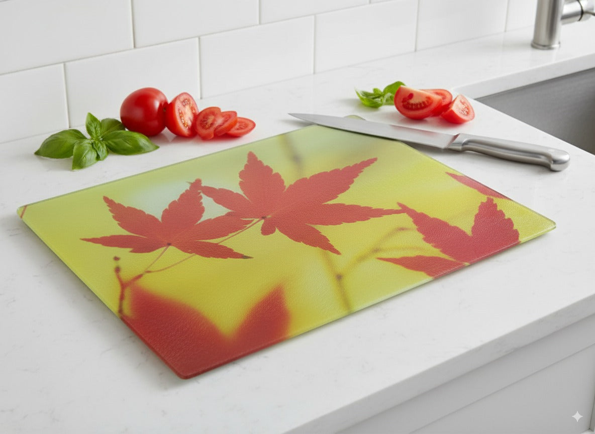 Tempered Glass Cutting Board for Kitchen, Autumn Maple Leaf Design