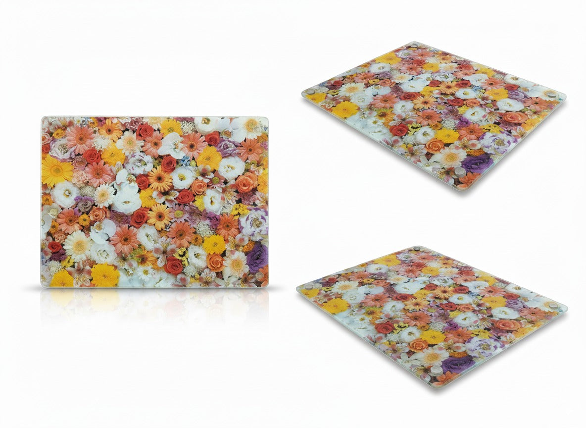 Tempered Glass Cutting Board for Kitchen, Colorful Floral Design