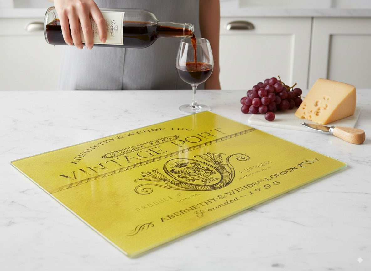Tempered Glass Cutting Board for Kitchen, Vintage Port Wine Label Design